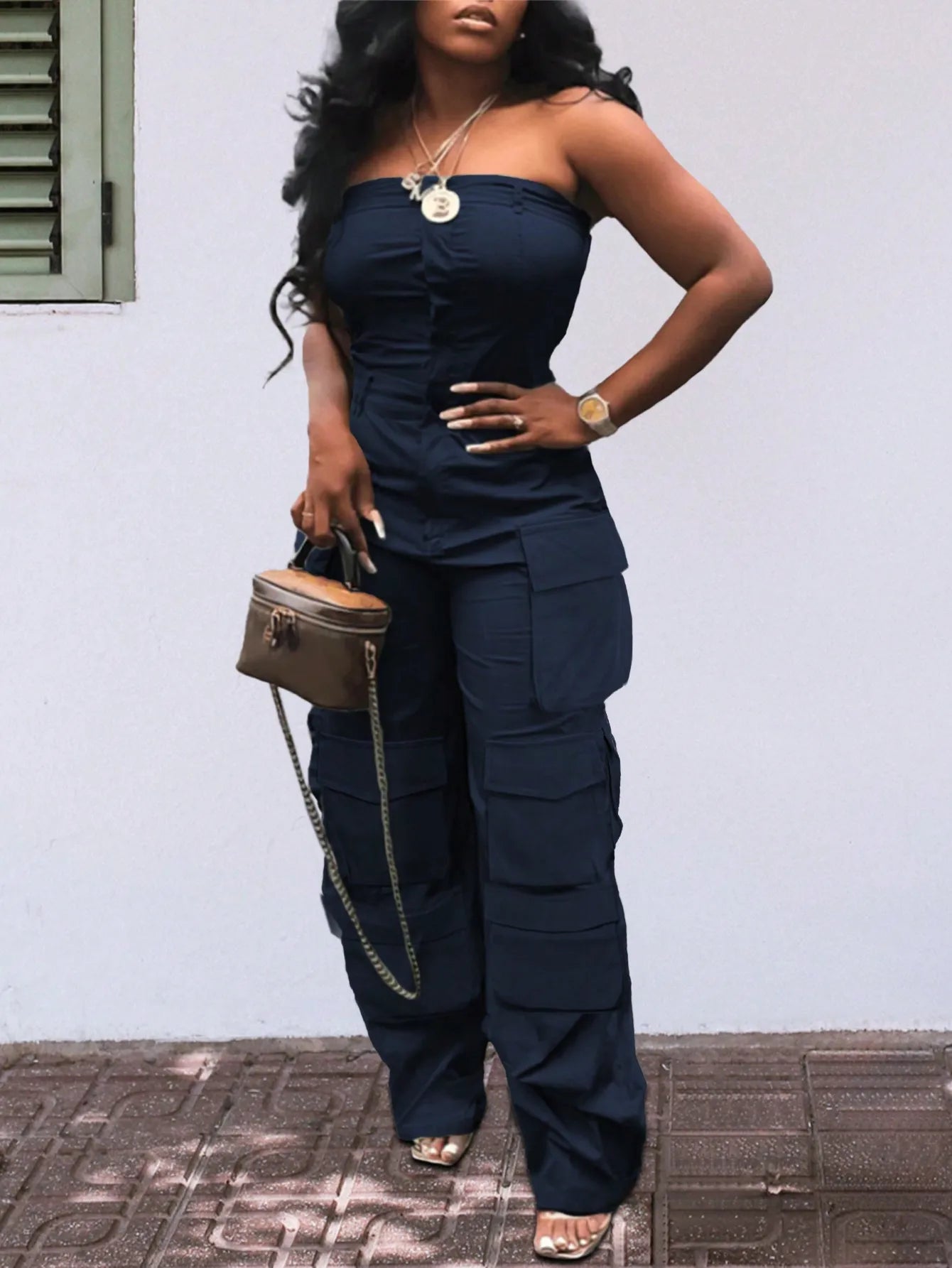 Solid Color Casual Overalls Jumpsuit, Sexy Straight Tube Tube Top Long Jumpsuit, With Pockets, Women's Wear