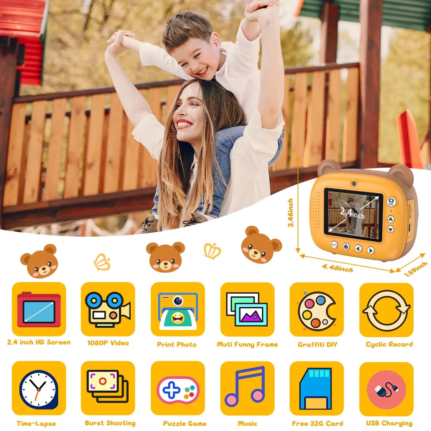 Kids Instant Camera 2.4 Inch Screen 12MP 1080P HD Instant Print Digital Camera Birthday Gifts For 3-12 Years Old Children