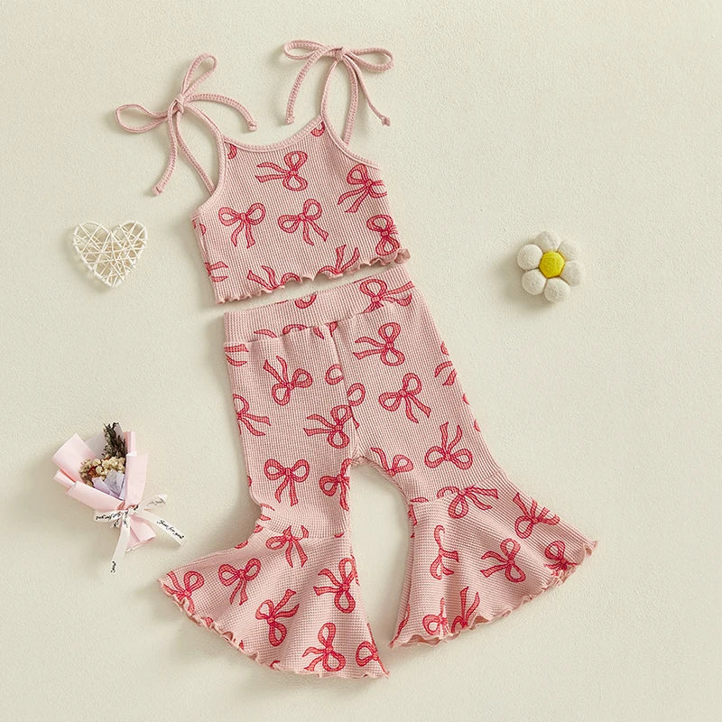 Girls Summer Outfits Adorable Bowknot Print Tie-Up Spaghetti Strap Sleeveless Tank Top with Flare Pants - 2 Piece Clothing Set