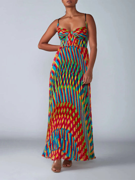 Women s Long Slip Dress Contrast Line Print Sleeveless Spaghetti Strap Backless Flowy Dress