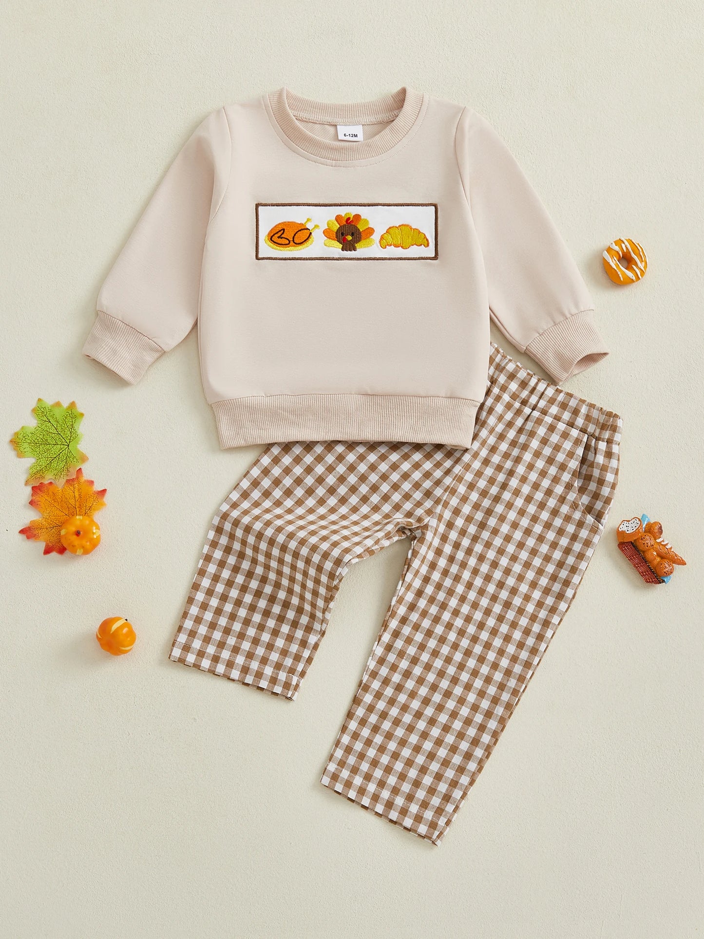 Baby Thanksgiving Outfit Turkey Print Long Sleeve Top and Plaid Pants Set with Elastic Waistband for Toddler Girls