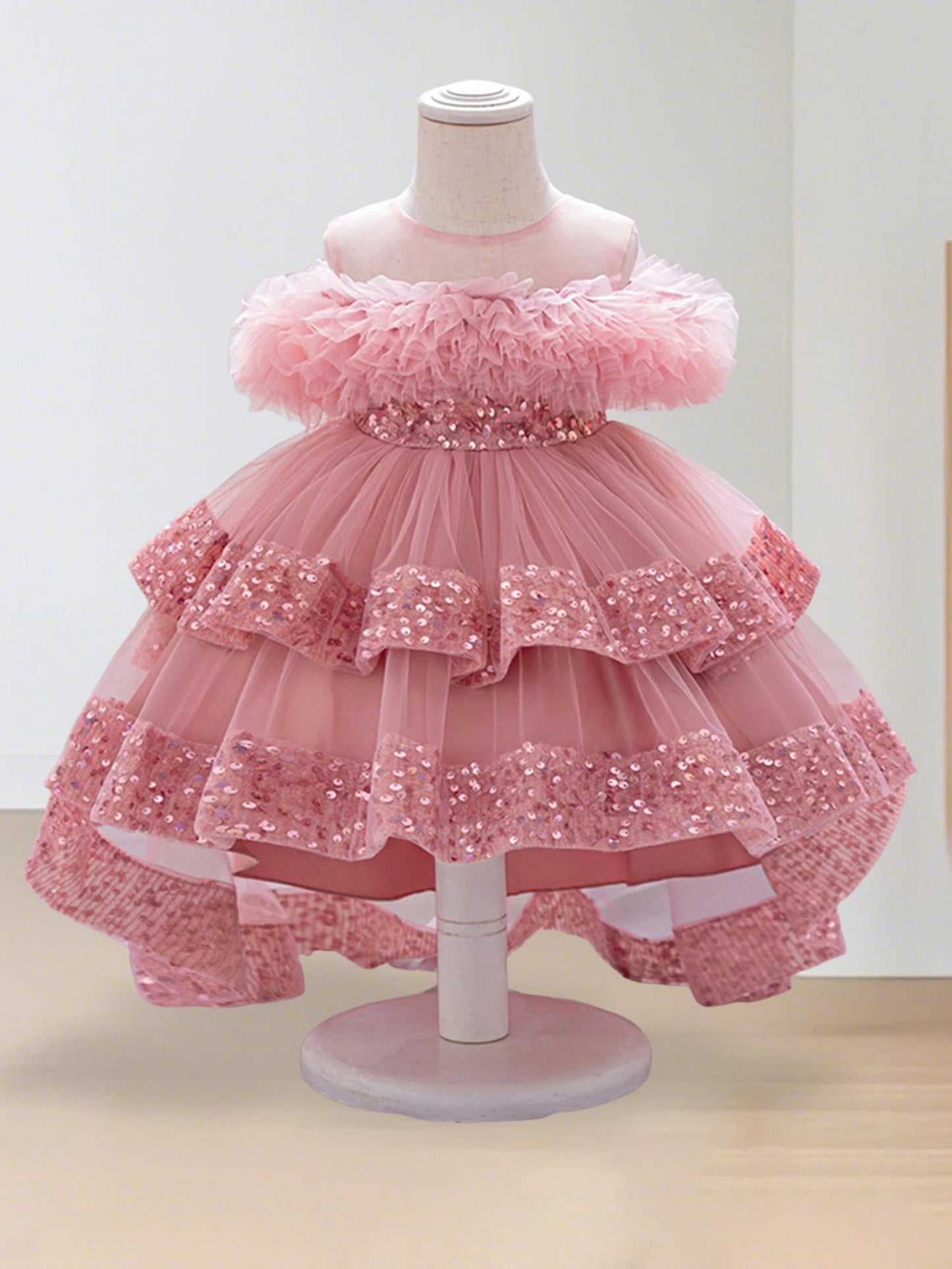 Girls Sparkly Sequin Princess Dress with Tulle Skirt and High-Low Hemline Perfect for Birthday Parties and Weddings