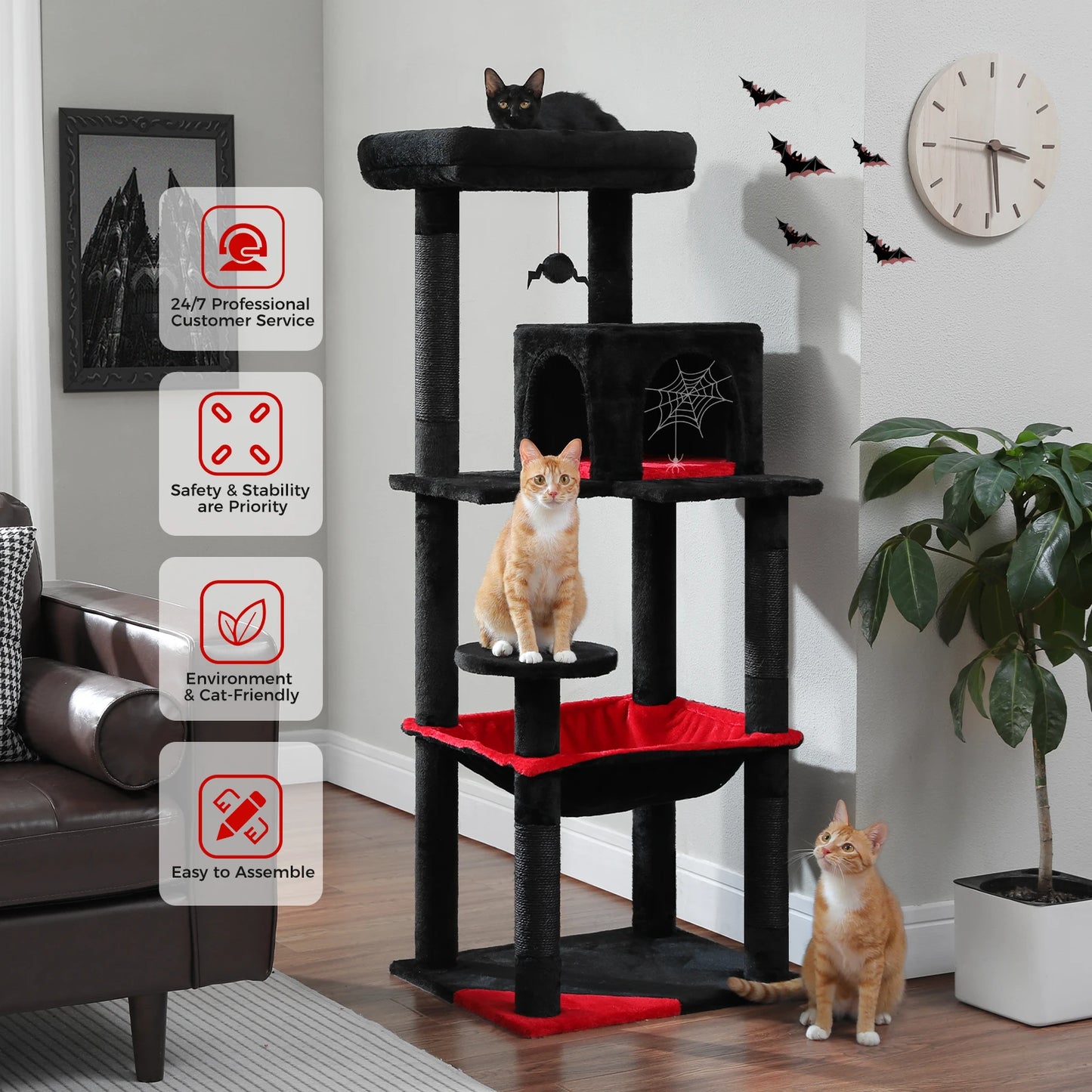 Gothic Cat Tree for Indoor Cats, Tall Cat Tower with Super Large Hammock, Sisal Covered Scratching Post Cozy Condo Top Perch