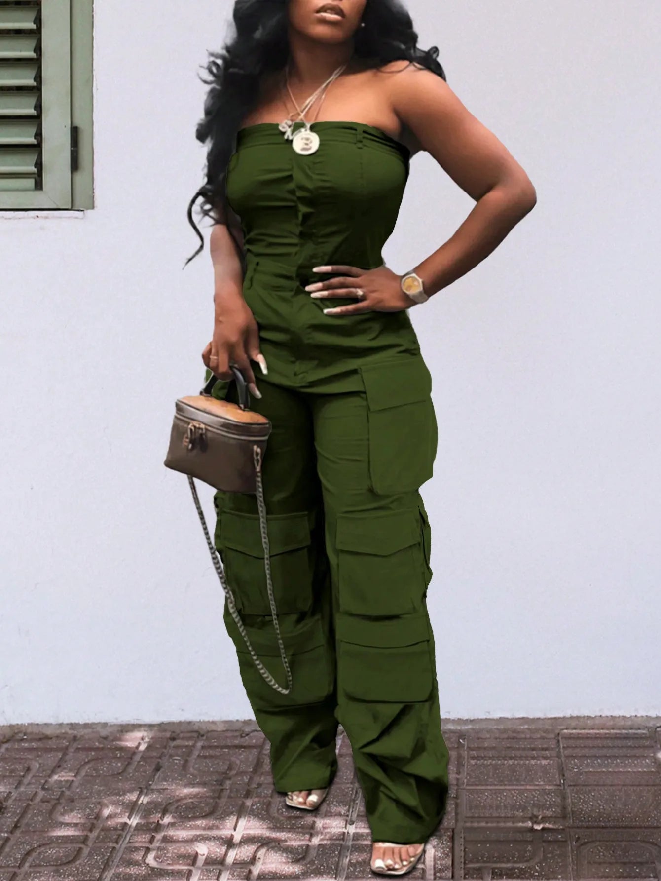 Solid Color Casual Overalls Jumpsuit, Sexy Straight Tube Tube Top Long Jumpsuit, With Pockets, Women's Wear