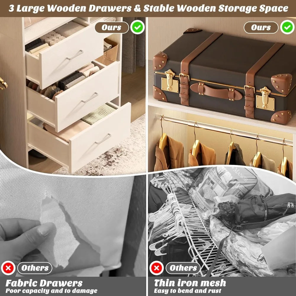Closet System, Closet Organizer with 3 Wooden Drawers, 8FT Closets Organizer System, 96’’ Walk-in Closet Wardrobe Clothes