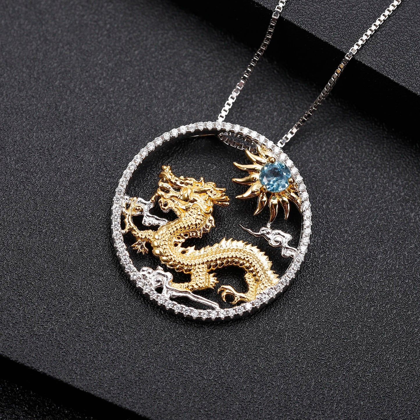 GEM'S BALLET 925 Sterling Silver Natural Swiss Blue Topaz Handmade Dragon Pendant Necklace For Women Chinese Zodiac Jewelry