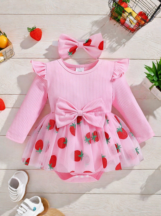 Infant Girls 2-Piece Clothing Set with Ruffle Sleeve Floral Print Romper and Matching Headband Baby Outfit for Newborns