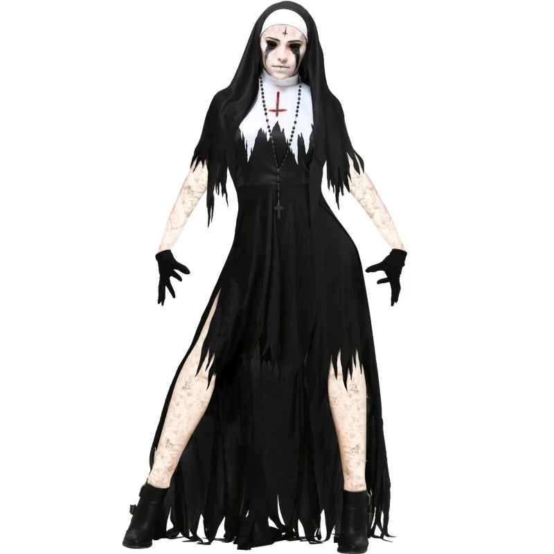 Halloween Costume with Hat Gloves Vampire Demon Costume Cross Print Long Dress Party Costume Women Nun Costume Cosplay Costumes