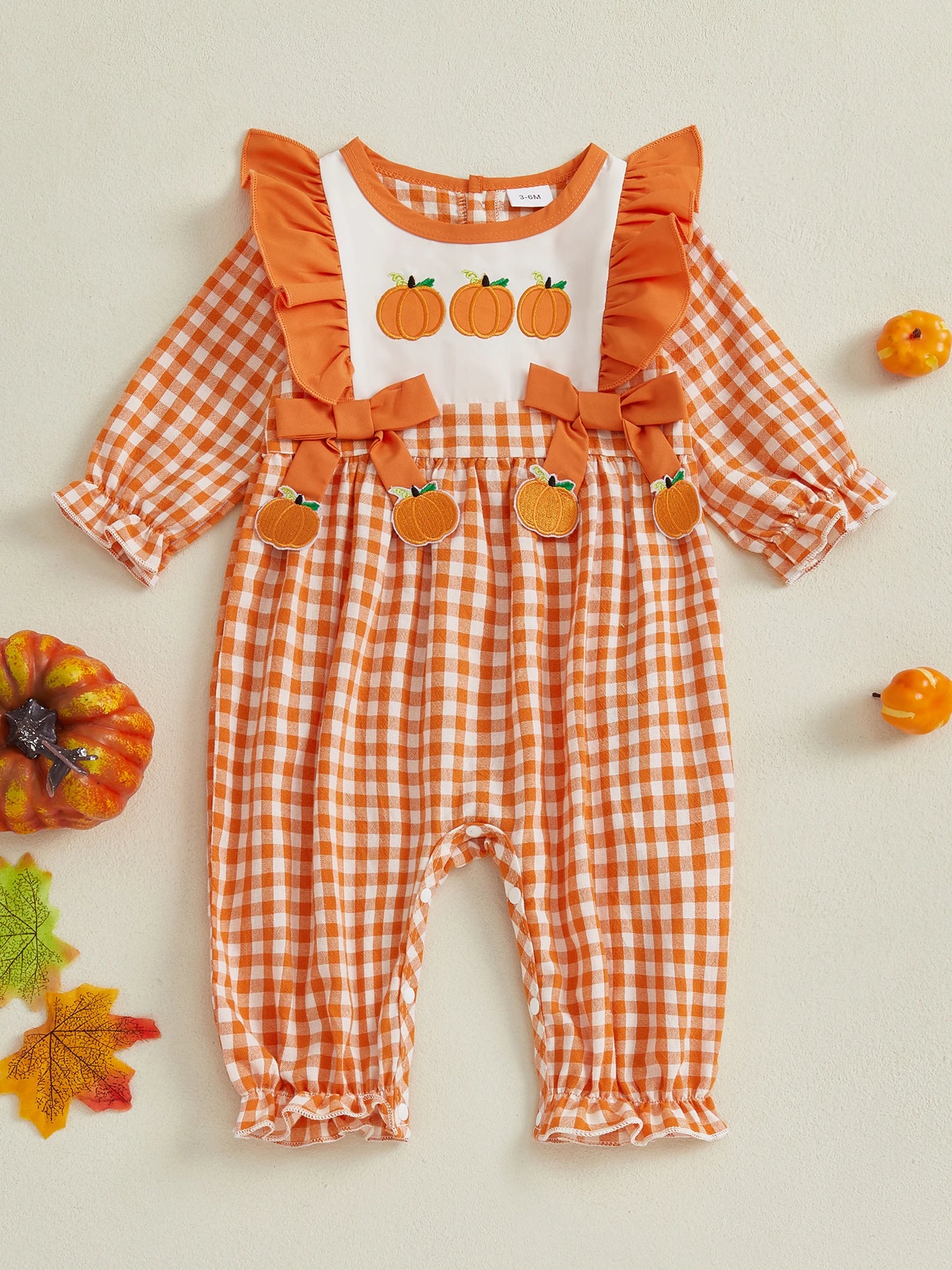 Adorable Infant Girls Fall Plaid Romper with Festive Pumpkin and Turkey Embroidery Cozy Long Sleeve Jumpsuit for Thanksgiving