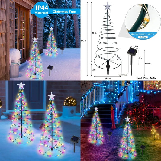 2 Pack Solar-Powered Spiral Christmas Trees with Multicolor LED Lights for Outdoor Winter Decor 26-Inch Light-Up Pathway Marker
