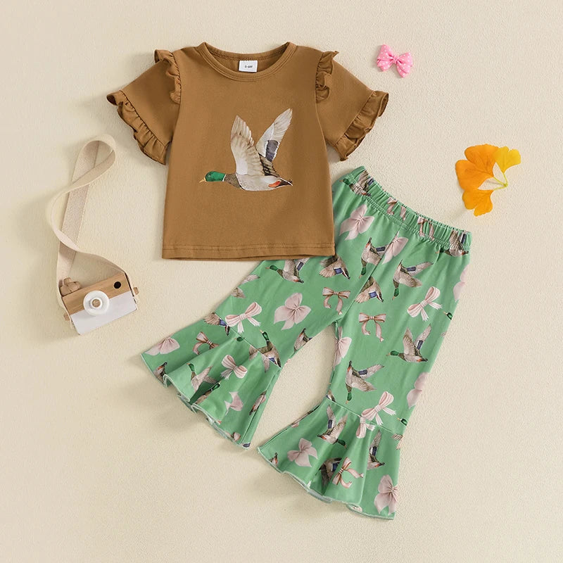 Girls Summer Outfits Adorable Duck Bow Print Ruffles Short-Sleeve Top and Elastic Flare Pants Set for a Stylish Look