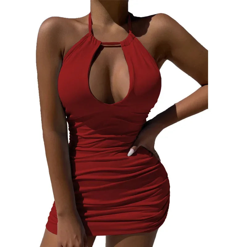 Hollow Out Pleated Halter Mini Dress Casual Slim Fashion New Backless 2025 Women Sexy Bodycon Dress Elegant Summer Party Dresses