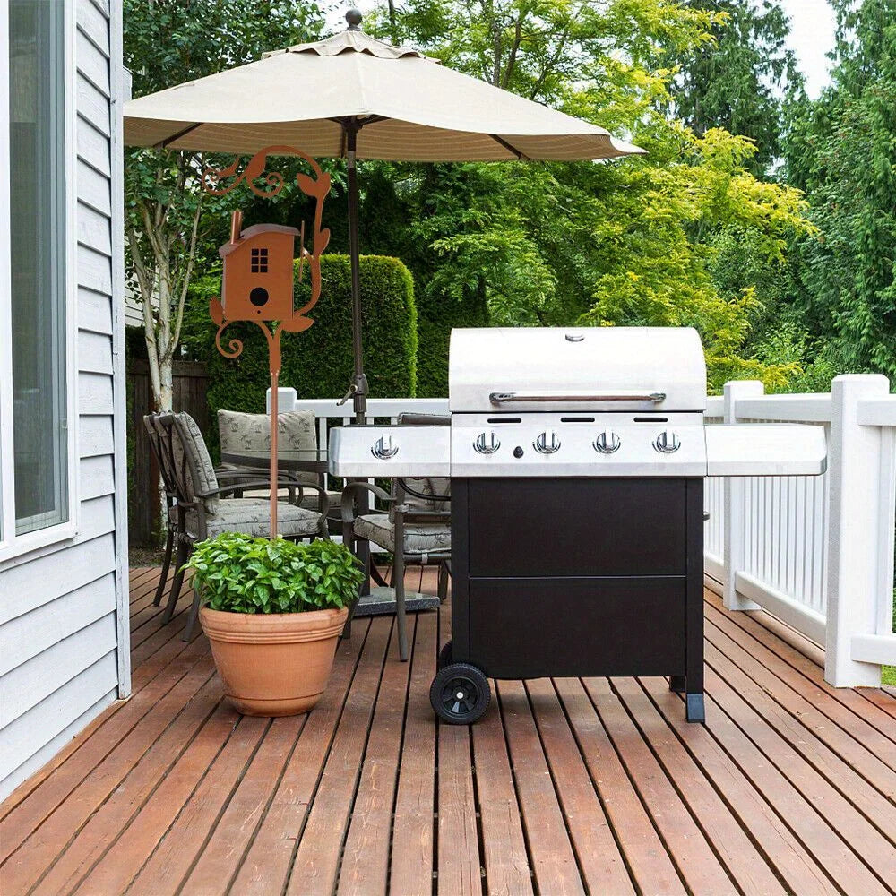 Metal Birdhouse Art Stake Outdoor Rustic Bird House Stand Garden Yard Decor