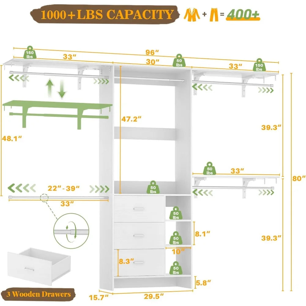 Closet System, Closet Organizer with 3 Wooden Drawers, 8FT Closets Organizer System, 96’’ Walk-in Closet Wardrobe Clothes
