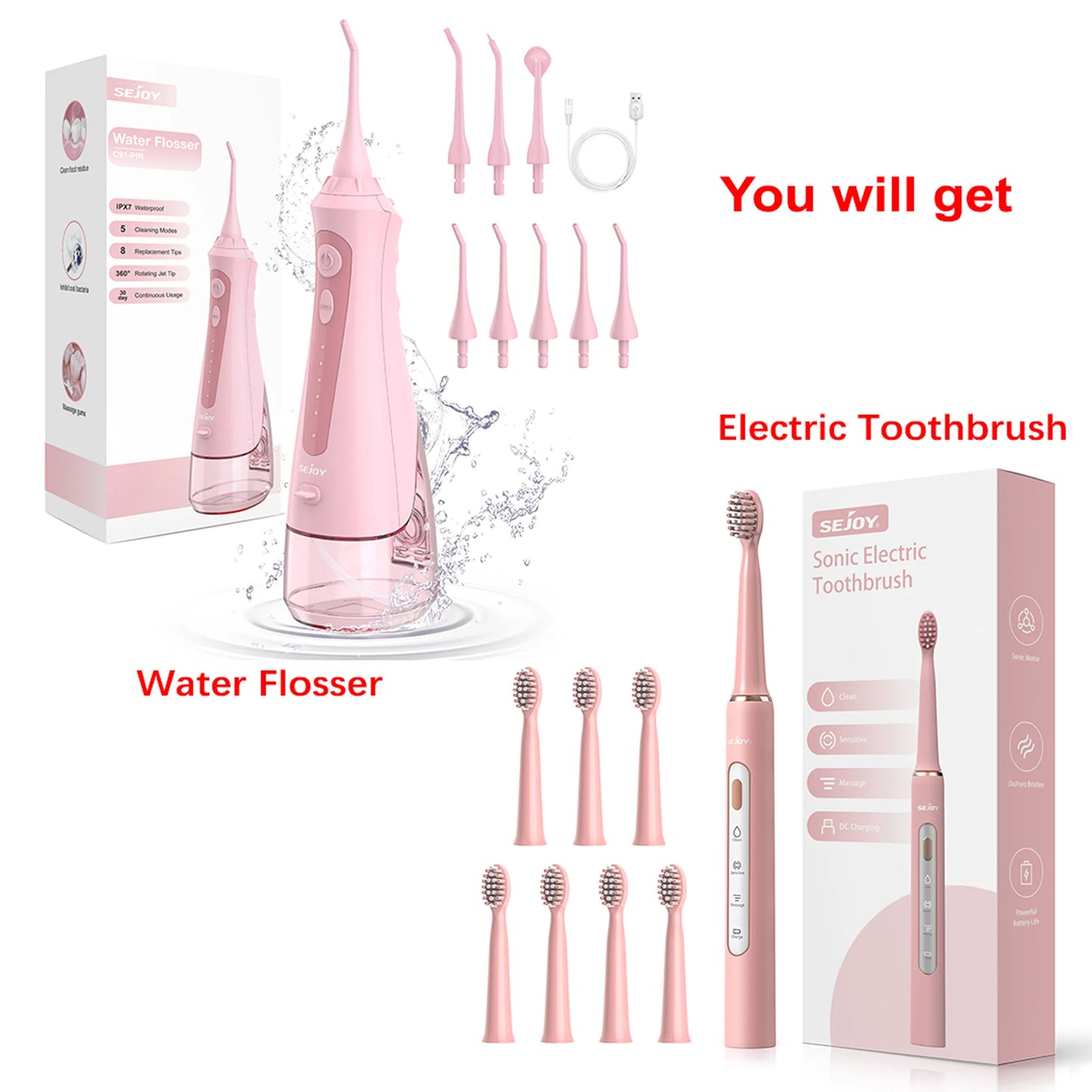 Sejoy Oral Irrigator Dental Water Flosser &  Electric Toothbrush Portable Dental Water Jet kit Rechargeable for Home Travl