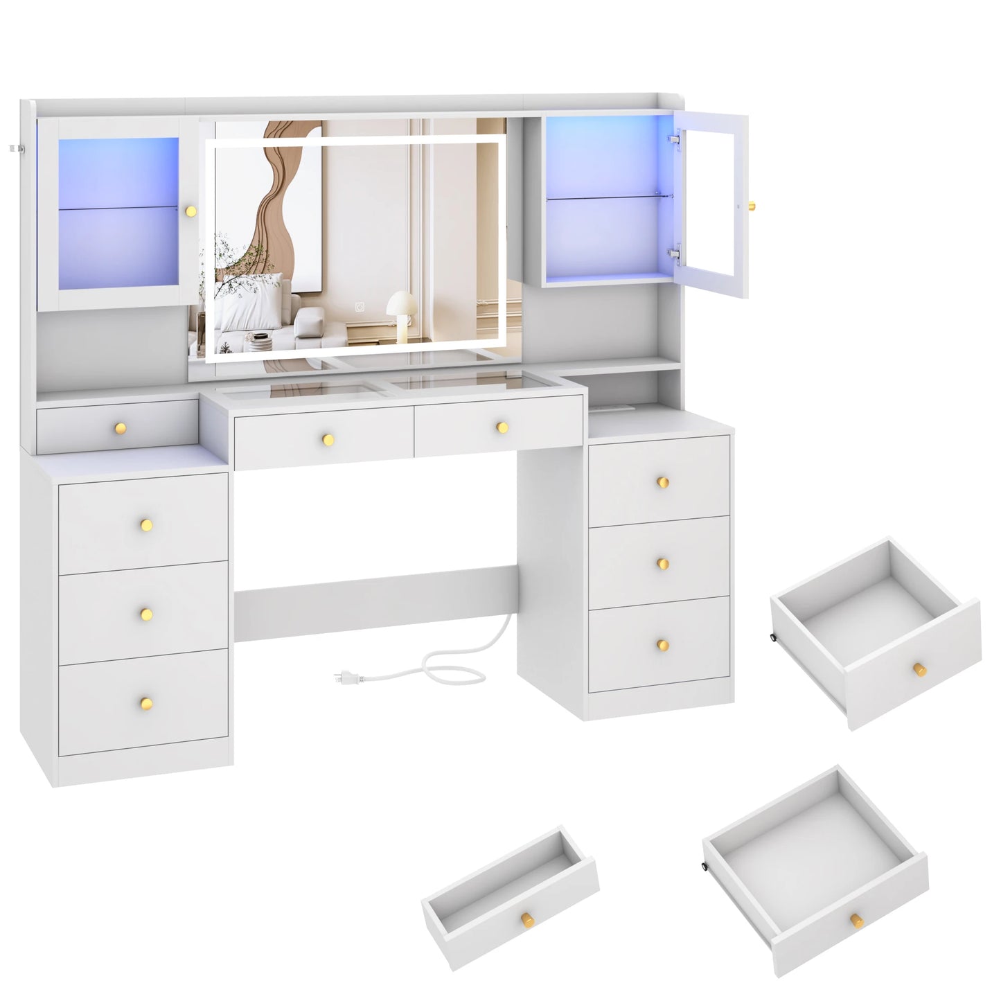 61.7" Large Vanity Desk with Mirror and Lights, Makeup Vanity with Charging Station, Sliding Drawers, 2 Cabinets with Glass Door