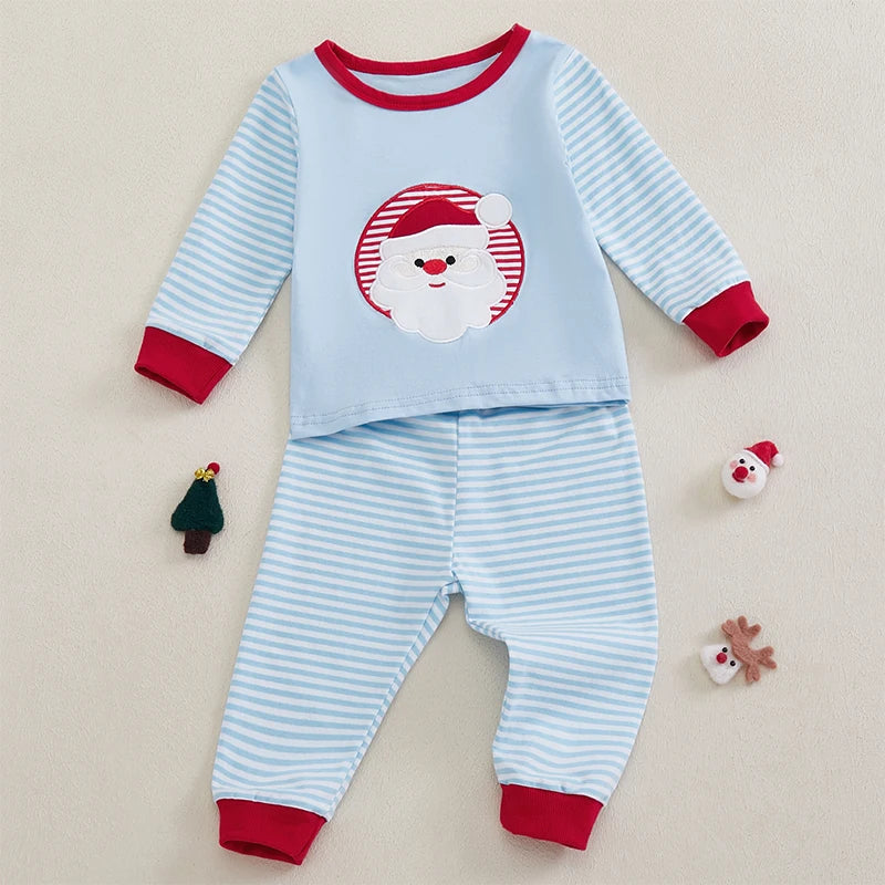Christmas Toddler Girl Boy Outfits Set with Santa Claus Embroidery Long Sleeve Sweatshirt and Stripe Long Pants - Festive