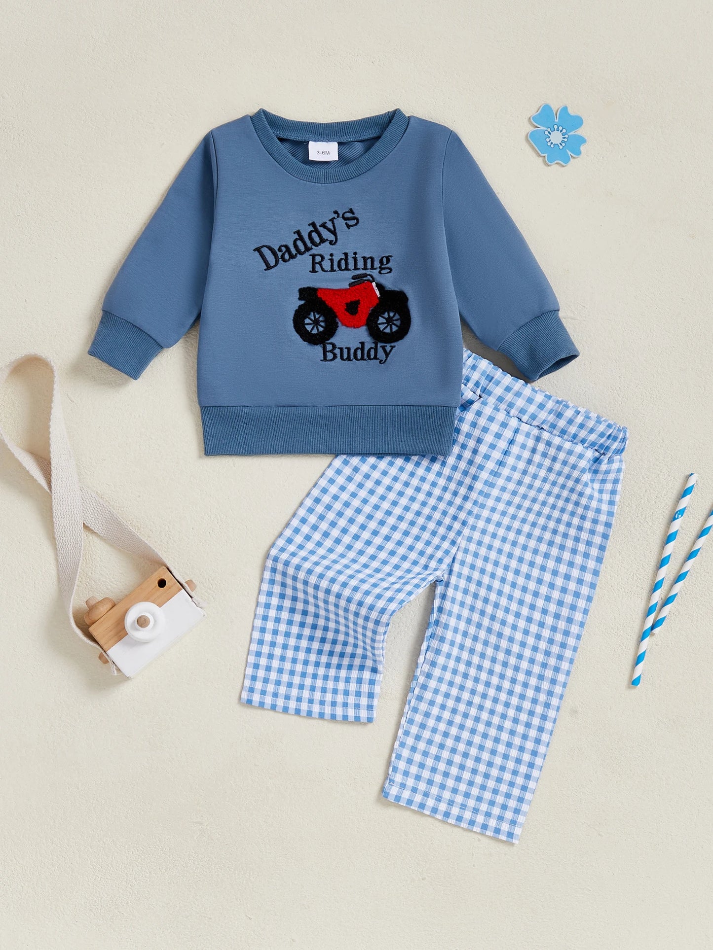 Toddler Boy Autumn Set with Motorcycle Print Sweatshirt and Plaid Pants Long Sleeve Outfit for Baby Boys 2 Piece Clothing Set