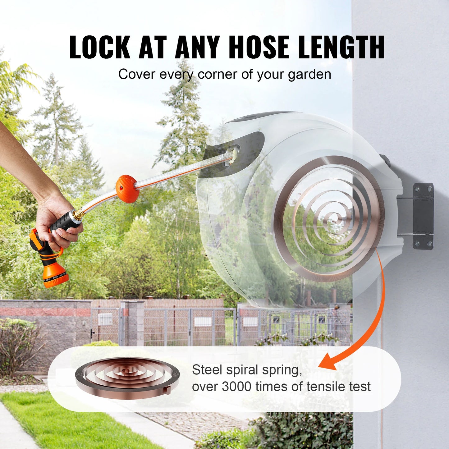SucceBuy Retractable Hose Reel 180° Swivel Bracket Wall-Mounted Garden Water Hose Reel with 9-Pattern Nozzle Automatic Rewind