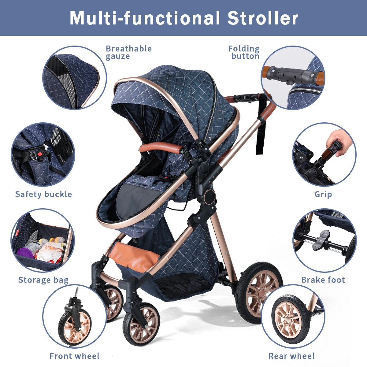 High landscape baby stroller, portable and foldable, a travel trolley that can be pushed in both directions