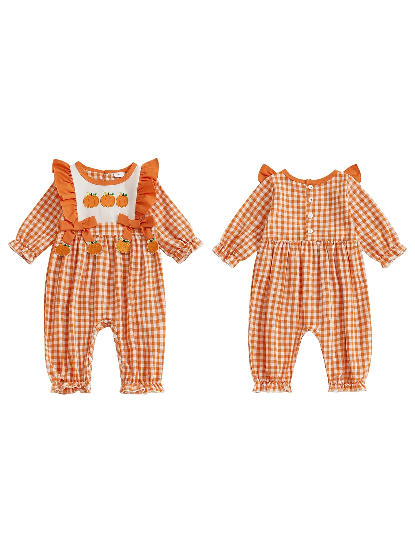 Adorable Infant Girls Fall Plaid Romper with Festive Pumpkin and Turkey Embroidery Cozy Long Sleeve Jumpsuit for Thanksgiving