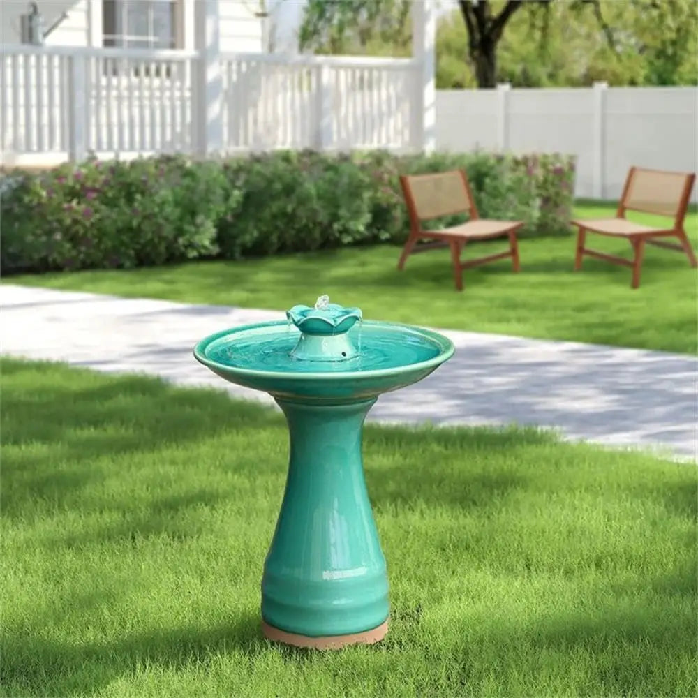 22 Inch Ceramic Bird Bath Fountain, Elegant Glazed Outdoor Water Feature with Lotus Design, Freestanding Waterfall
