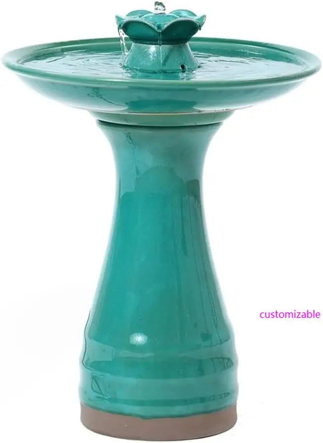 22 Inch Ceramic Bird Bath Fountain, Elegant Glazed Outdoor Water Feature with Lotus Design, Freestanding Waterfall