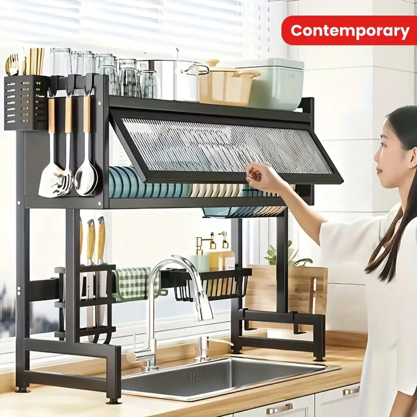 Double-Layer Kitchen Counter Dish Rack; Kitchen Counter Dish Drainer With Drip Tray; Metal Kitchen Dish Rack With Drip Tray