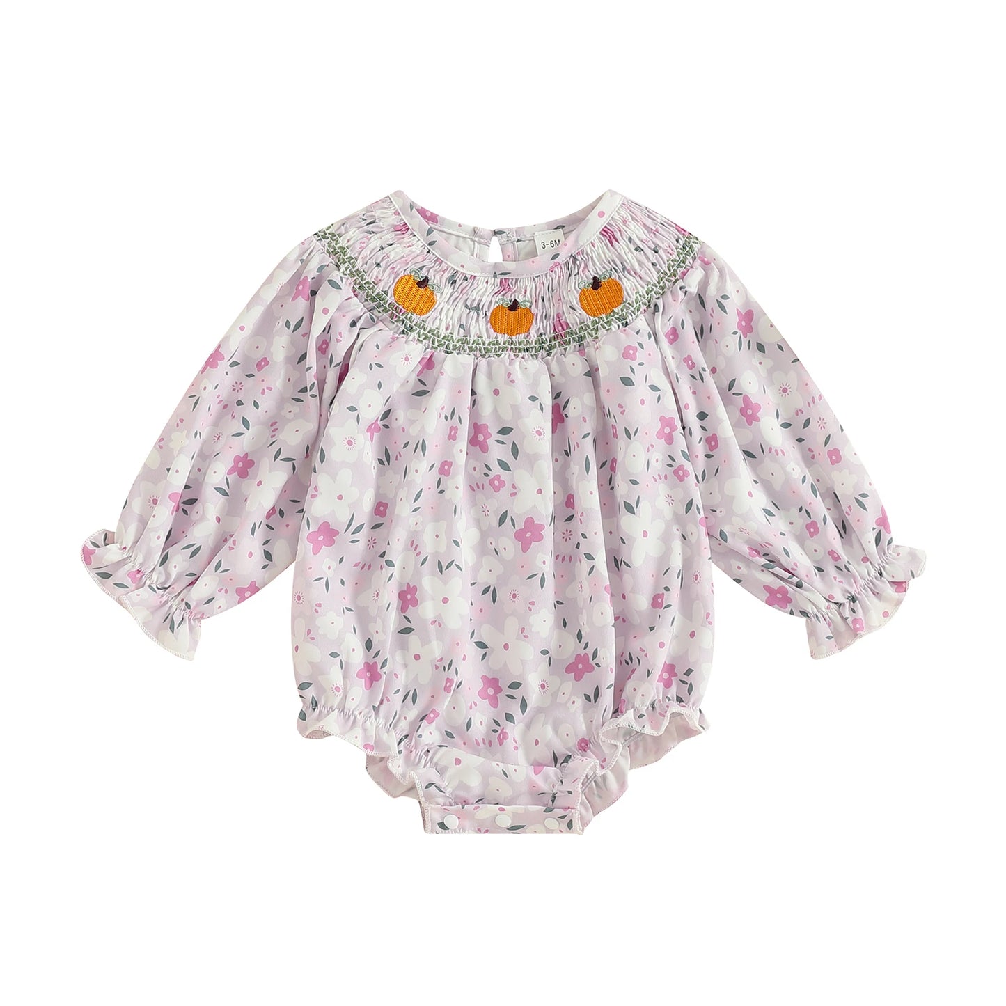 Thanksgiving Baby Girl Romper with Turkey and Pumpkin Print Long Sleeve Crewneck Smocked Bodysuit for Fall Adorable Autumn