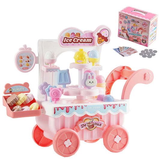 SucceBuy Pink Kids Ice Cream Cart Pretend Play Store Dolly with Sound & Light Effect Montessori Educational Toys for Children