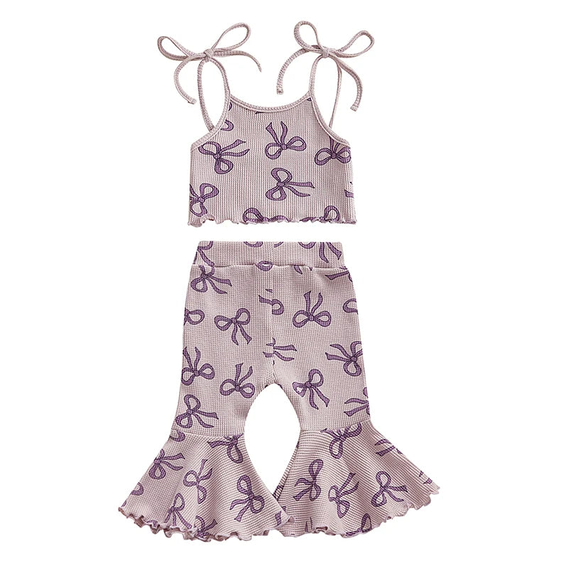 Girls Summer Outfits Adorable Bowknot Print Tie-Up Spaghetti Strap Sleeveless Tank Top with Flare Pants - 2 Piece Clothing Set