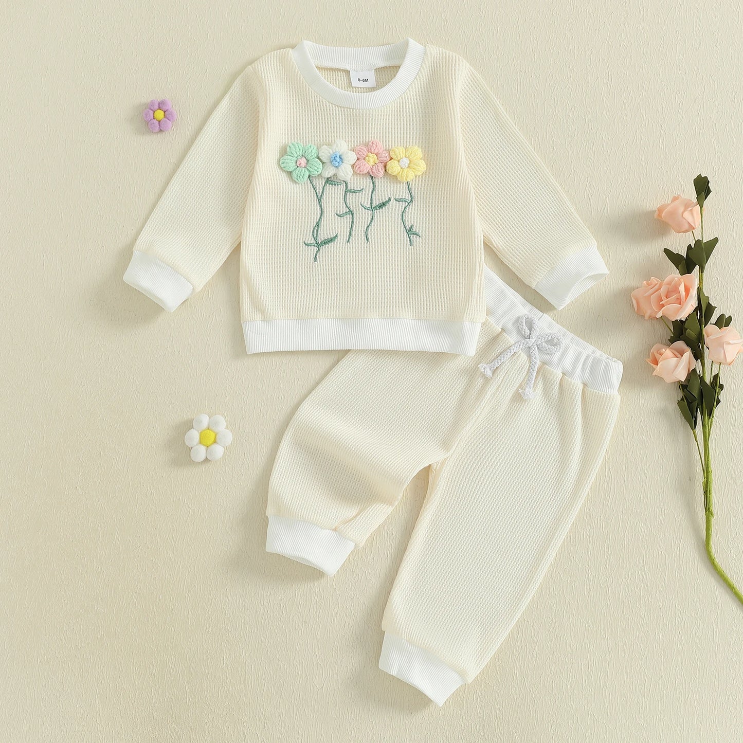 Toddler Girl Winter Outfits 3D Knit Flower Sweater Cozy Elastic Waist Leggings Set for Cold Weather Style