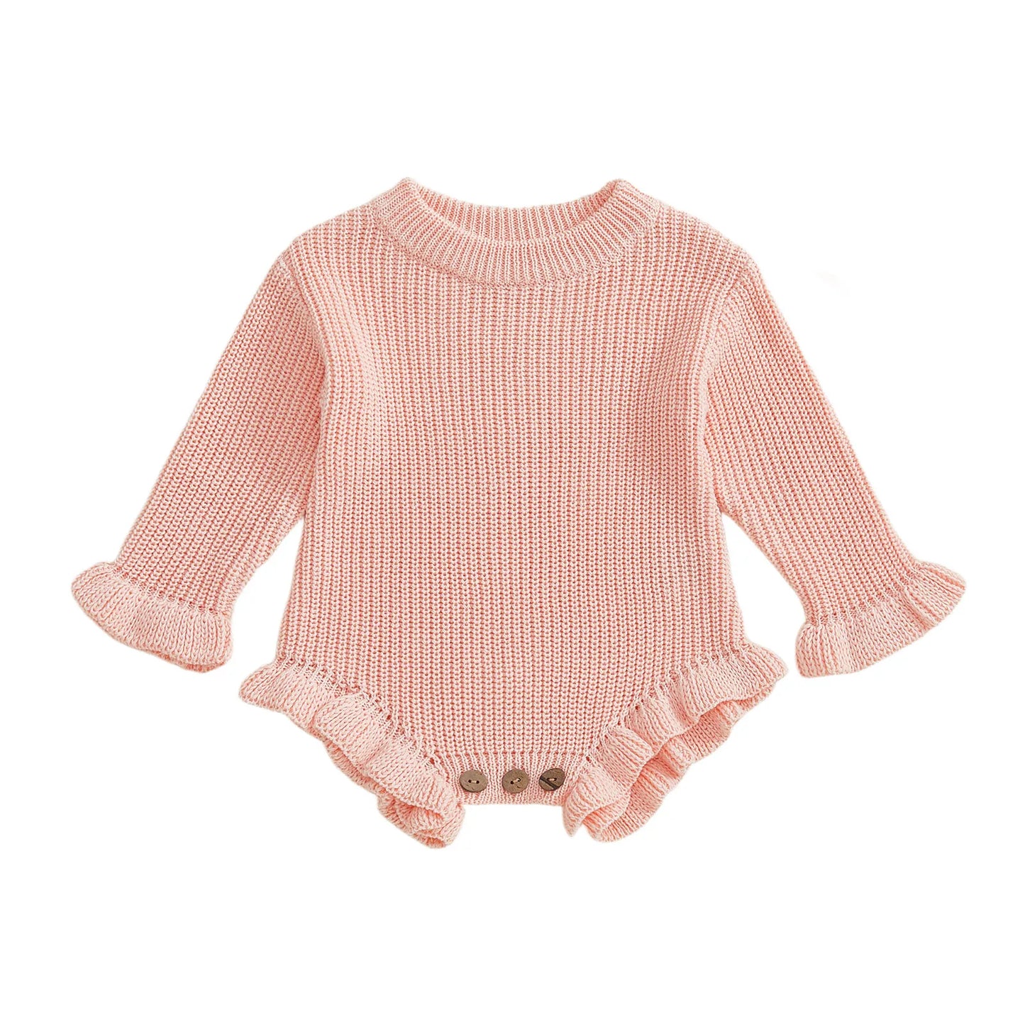 Infant Autumn Knitted Bodysuit with Ruffled Sleeves and Round Neckline Solid Color Sweater Jumpsuit for Baby Girls