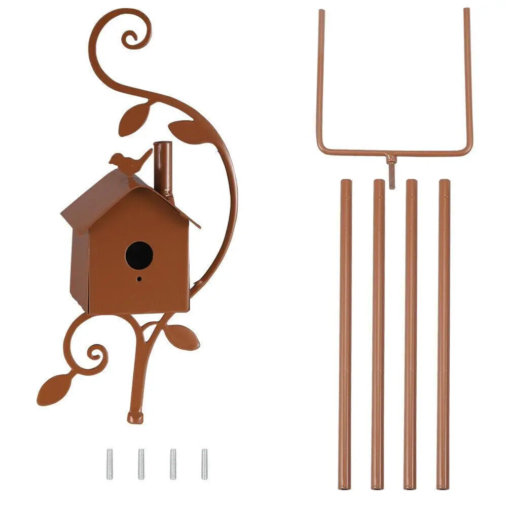Metal Birdhouse Art Stake Outdoor Rustic Bird House Stand Garden Yard Decor