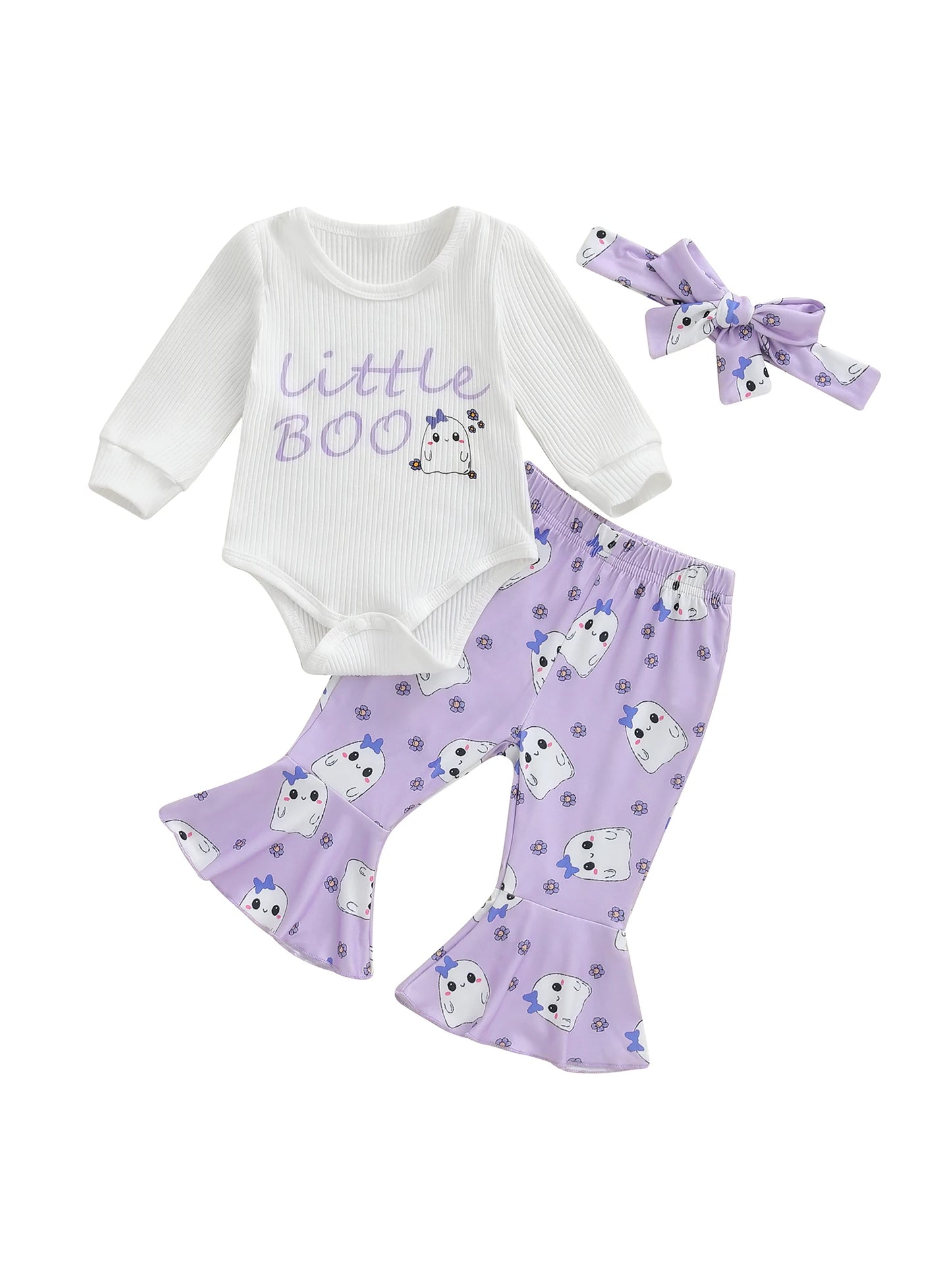 Toddler Girl Halloween Costume Ghost Print Long Sleeve Romper Flare Pants and Headband 3 Piece Set for Party