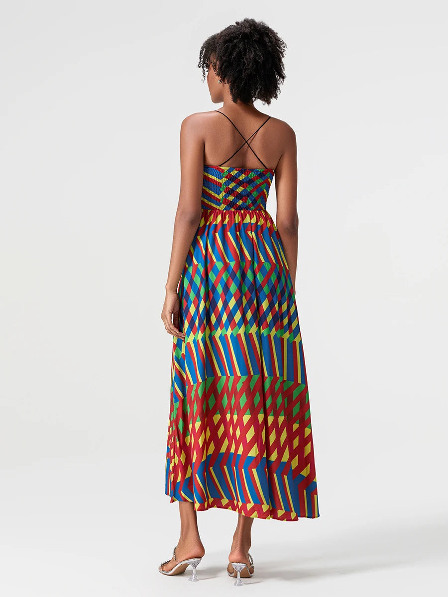 Women s Long Slip Dress Contrast Line Print Sleeveless Spaghetti Strap Backless Flowy Dress