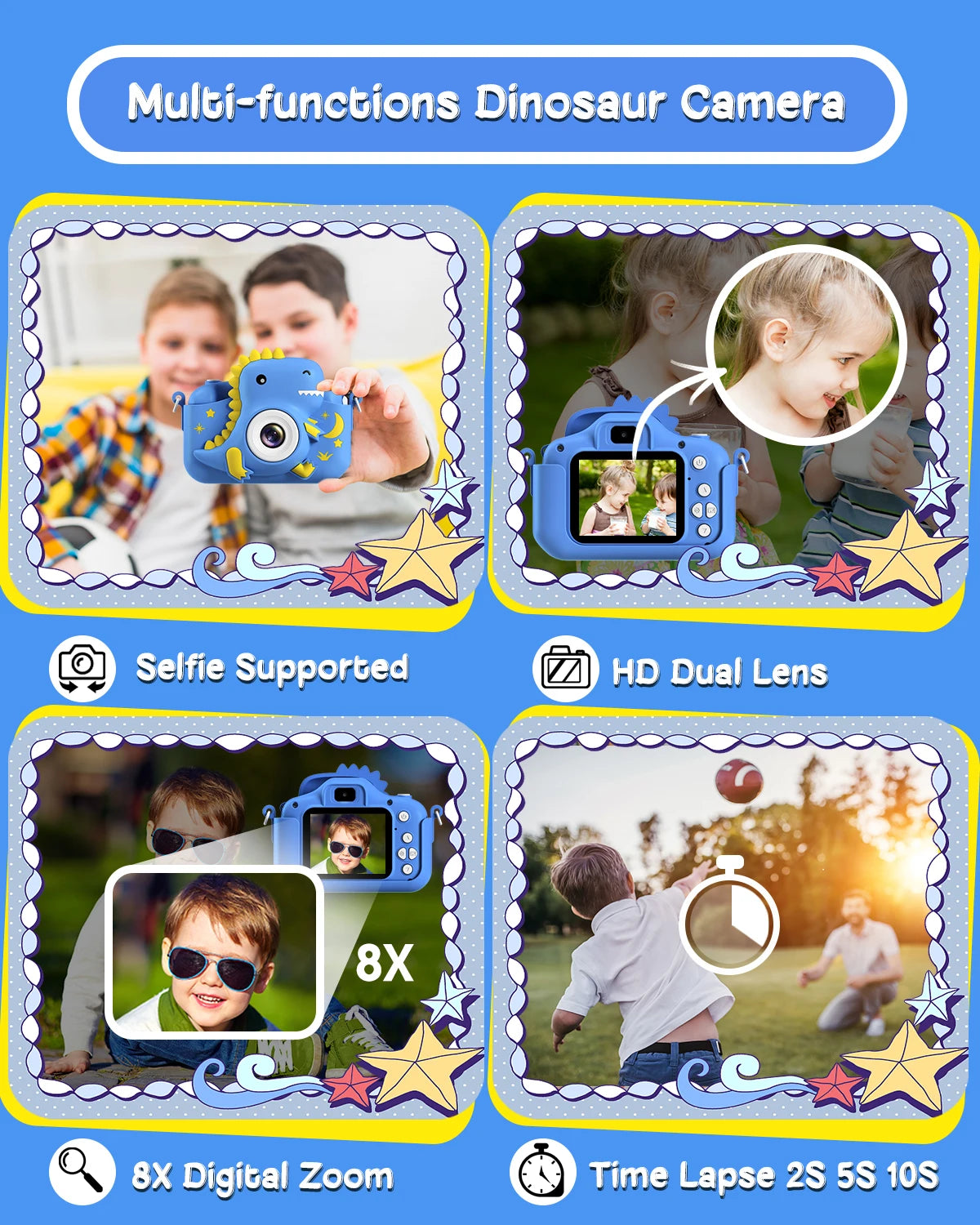 Dinosaur Kids Camera 1080P HD Selfie Camera Portable Toddler Digital Camera Toy Gift For Girls Boys Aged 3-12