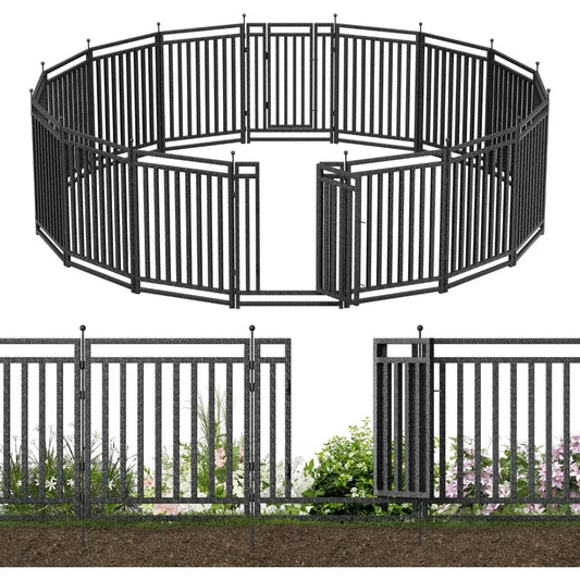 Decorative Garden Fence Metal Dog Fence Outdoor for Yard, 36ft (L) × 40in (H), 14 Panels + 2 Gates, Rustproof Animal Barrier Fen