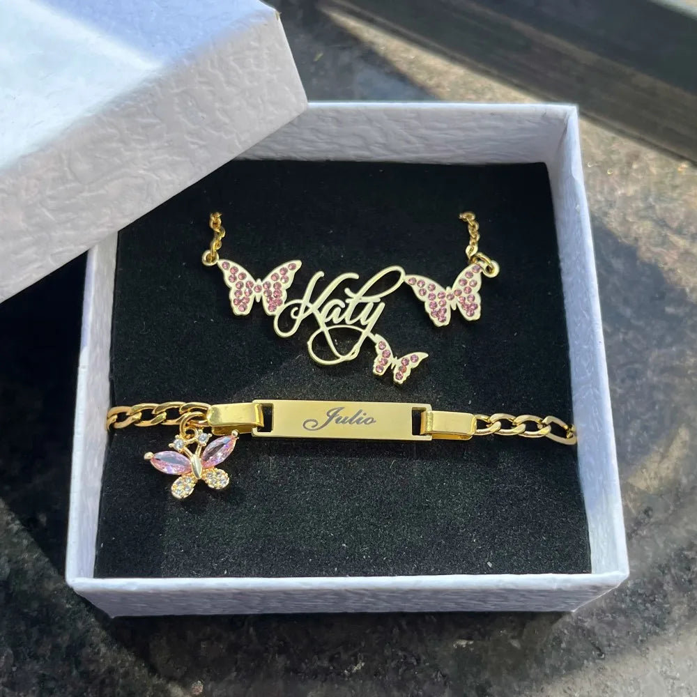 Duoying Pink Butterfly Birthstone Nameplate Necklace Set