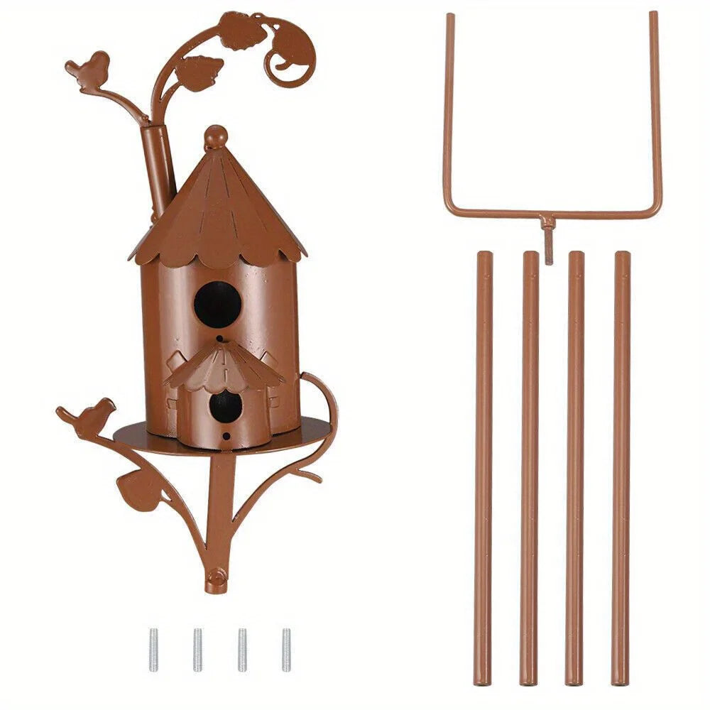 Metal Birdhouse Art Stake Outdoor Rustic Bird House Stand Garden Yard Decor