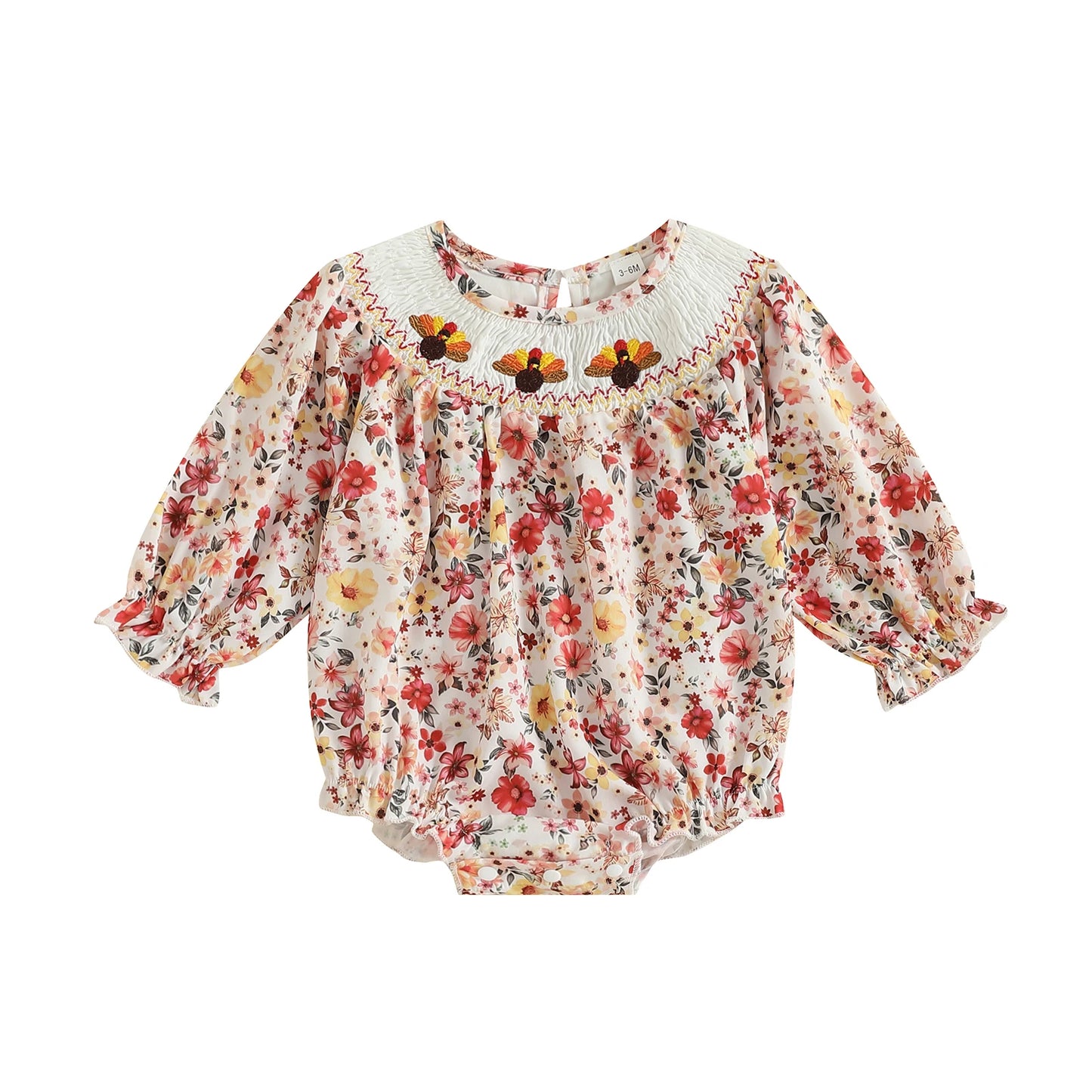 Thanksgiving Baby Girl Romper with Turkey and Pumpkin Print Long Sleeve Crewneck Smocked Bodysuit for Fall Adorable Autumn