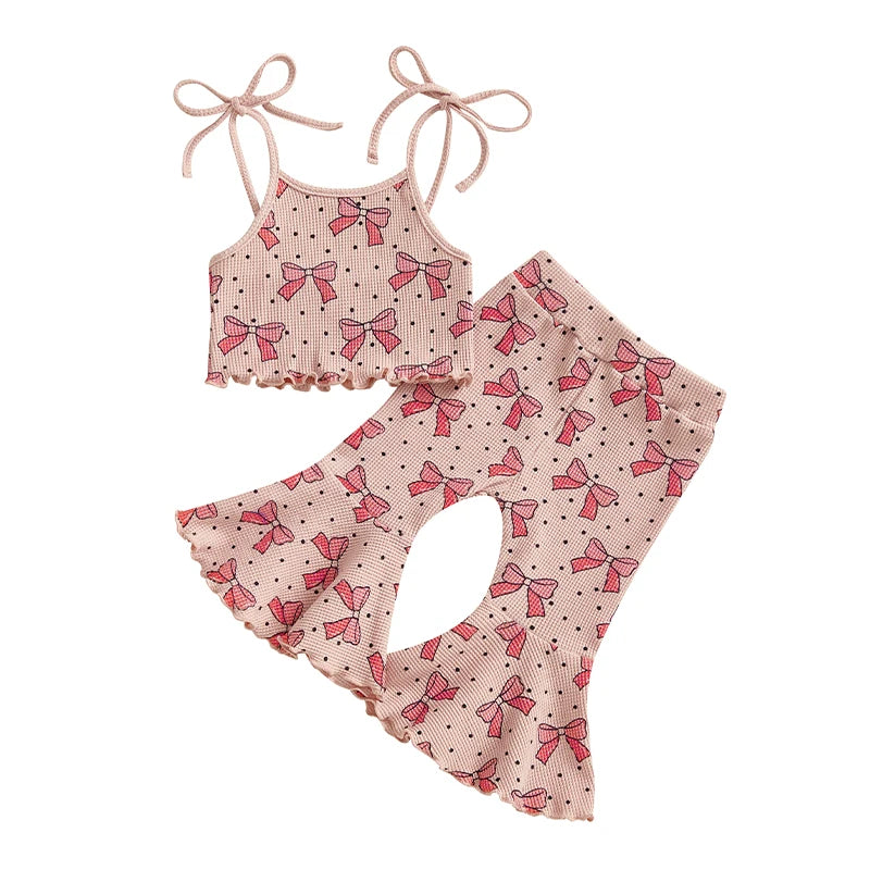Girls Summer Outfits Adorable Bowknot Print Tie-Up Spaghetti Strap Sleeveless Tank Top with Flare Pants - 2 Piece Clothing Set