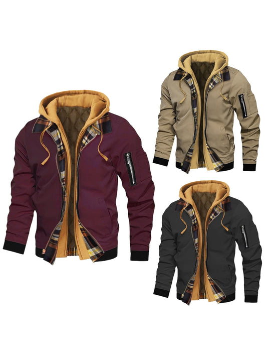 Men s Winter Hooded Jacket Casual Fake Two Piece Design Zip Up Long Sleeve Warm Coats with Faux Fur Lining and Pockets