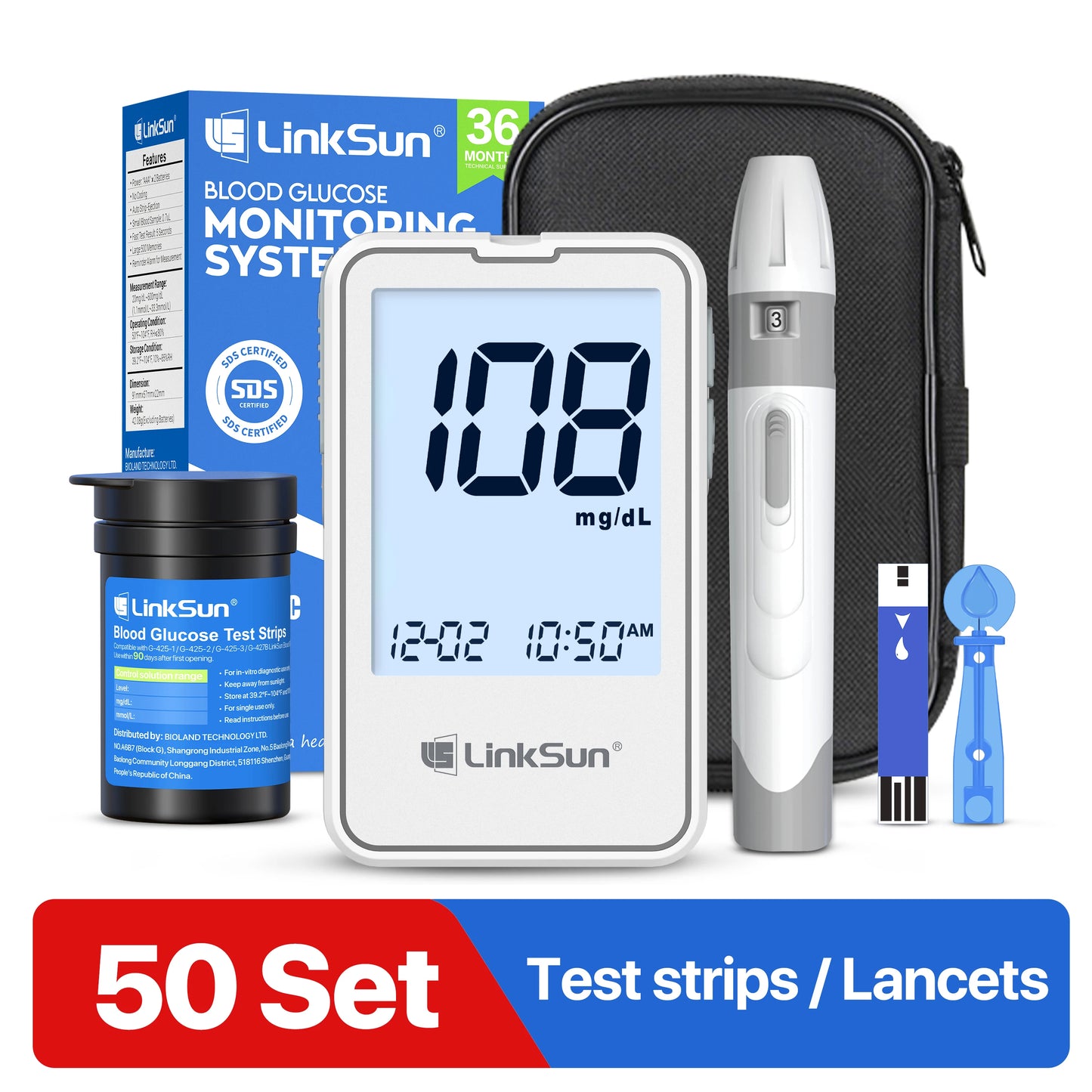 G-425-2 Linksun Blood Glucose Meter Glucometer Kit Medical Diabetes Testing Blood Sugar Tester Digital Glucosemeter Complete Kit
