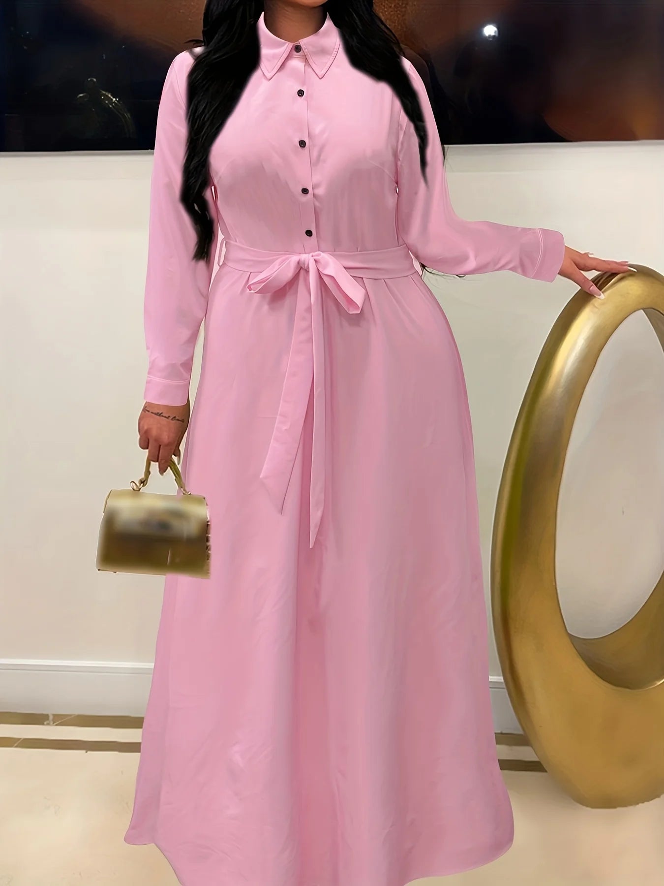 Large Size Solid Color Button Lapel Dress