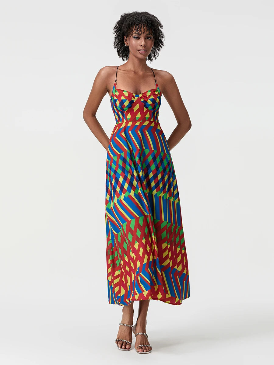 Women s Long Slip Dress Contrast Line Print Sleeveless Spaghetti Strap Backless Flowy Dress