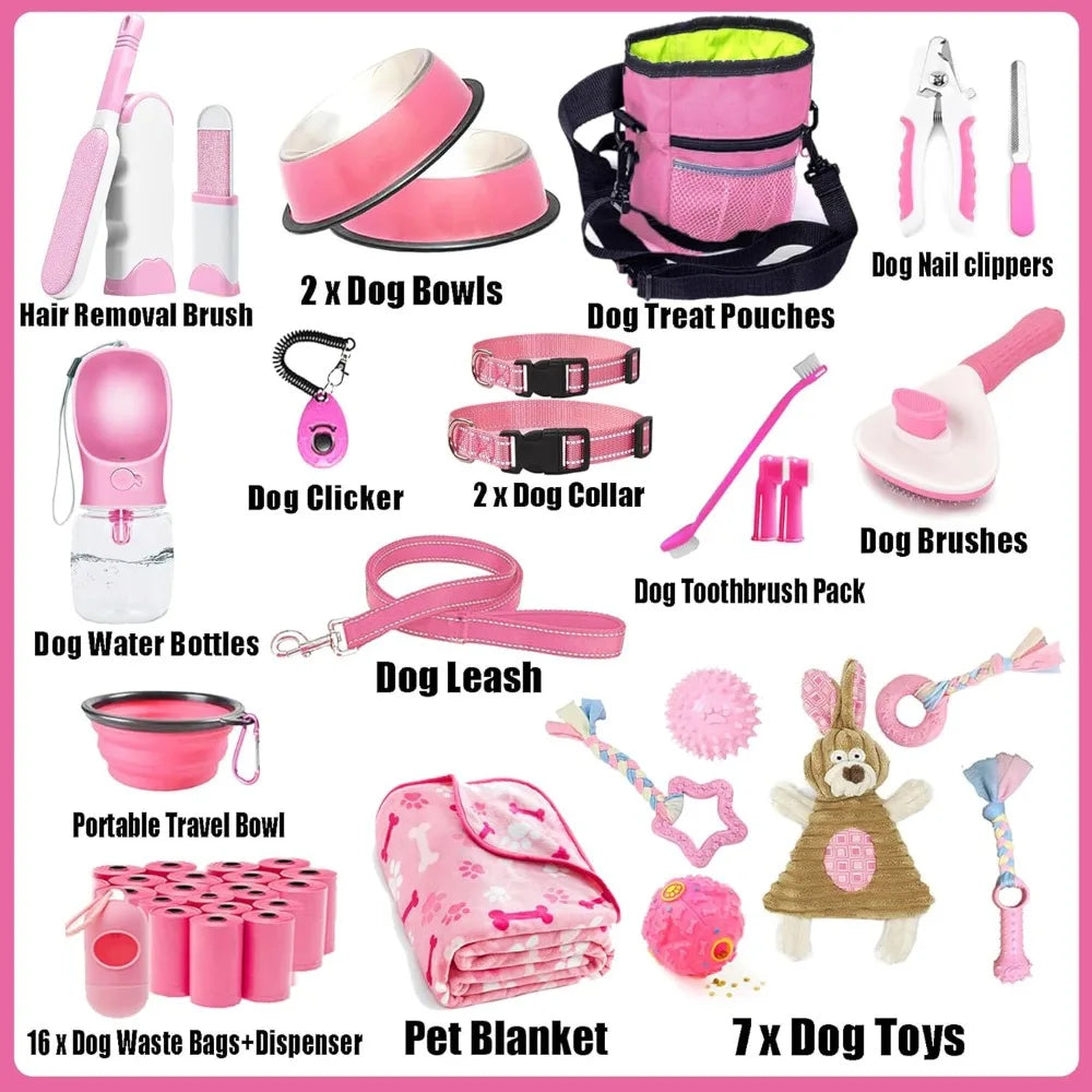 Puppy Supplies Starter Kit - 39-Piece Set of Puppy Essentials and Dog Stuff.Includes Dog Leash, Toys, Bowl, Brushes