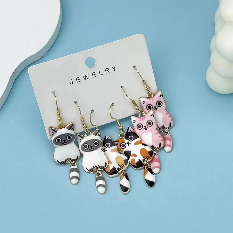 2pcs 3 Pairs Fun and Cute Enamel Alloy Hanging Tail Cat Dangle Earrings Colored Cat Ear Jewelry Set Lovely Gift For Women Girls