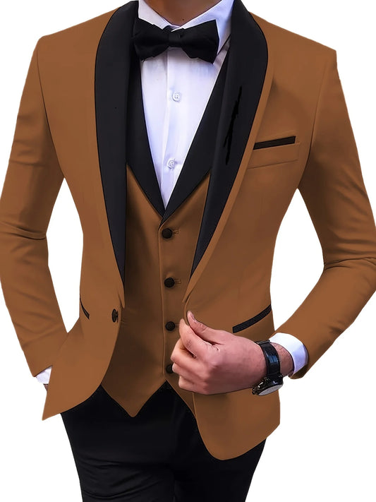 Elegant Slit Men's Suits 3 Piece Black Shawl Lapel Casual Tuxedos for Wedding Groomsmen Suits Men (Blazer+Vest+Pant)