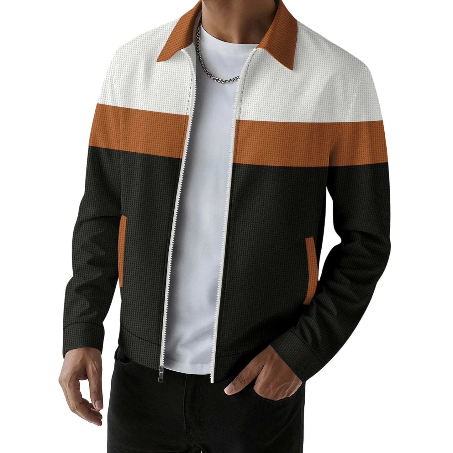 Men s Casual Lapel Collar Zip Up Jacket with Patchwork Design Pockets and Stylish Outerwear for Fall Fashion
